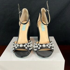 Betsey Johnson Black Satin Pumps With Pearl Embellishment